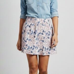 LOFT Blue and Pink Smocked Floral Skater Mini Skirt
